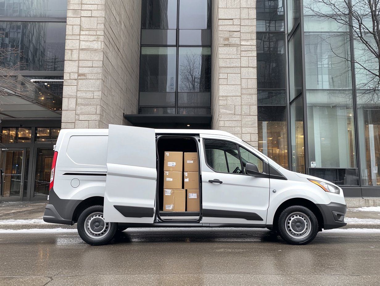 Silnex cargo van loaded with packages, side door open, downtown Montreal